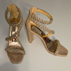 Badgley Mischka Gold Beaded Wrap-Strap Block Heels